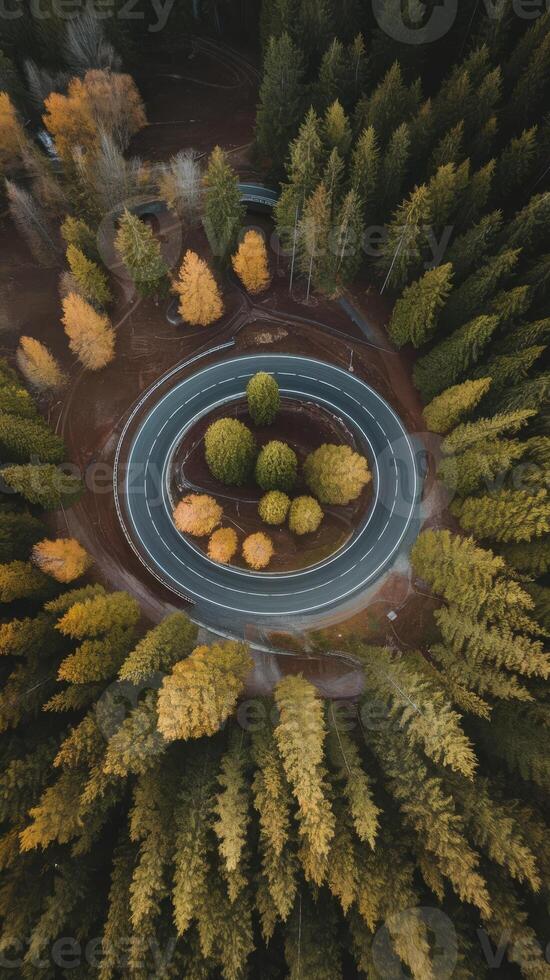 Aerial view of a circular road in the forest photo