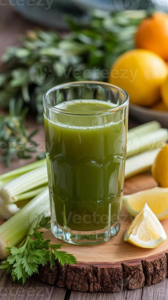 A glass of green juice with lemons and celery photo