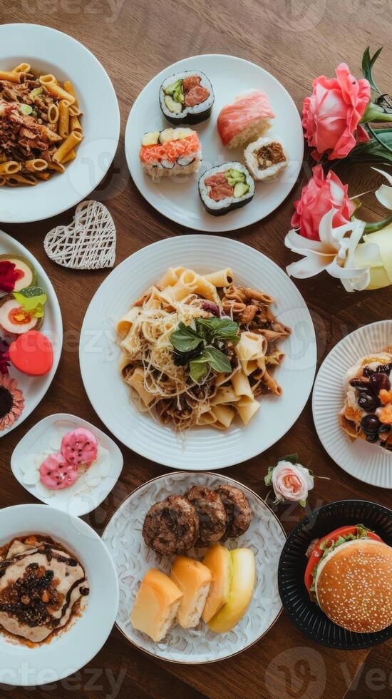 A table with many plates of food and flowers photo