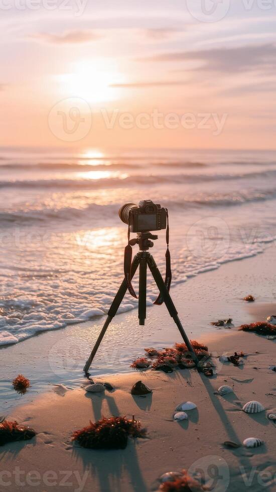 A tripod sits on the beach at sunset photo