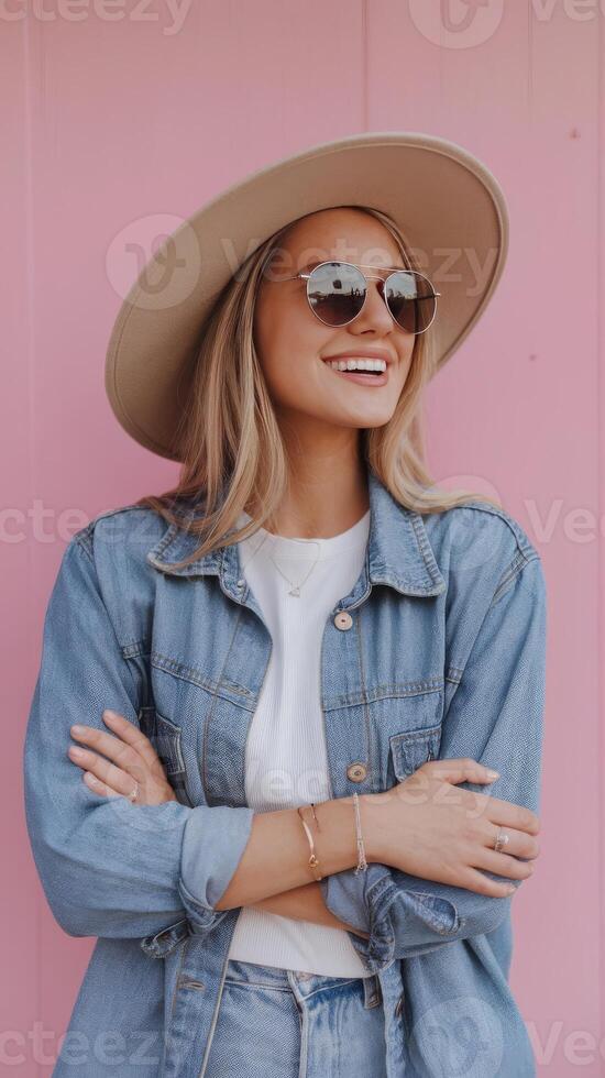 A blonde woman wearing a denim jacket and hat photo