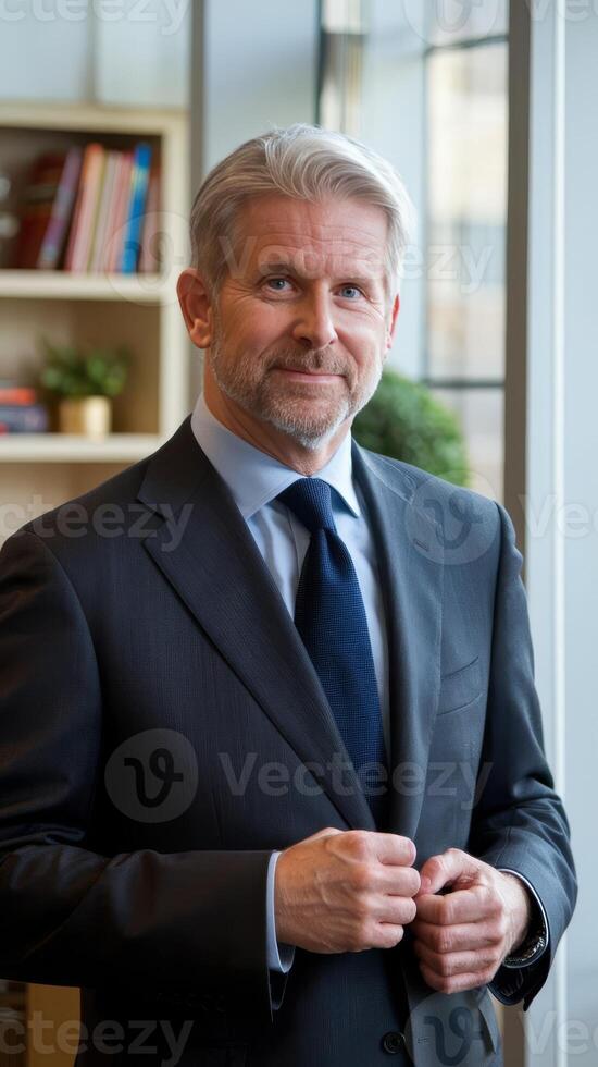 A man in a suit and tie standing in front of a bookcase photo