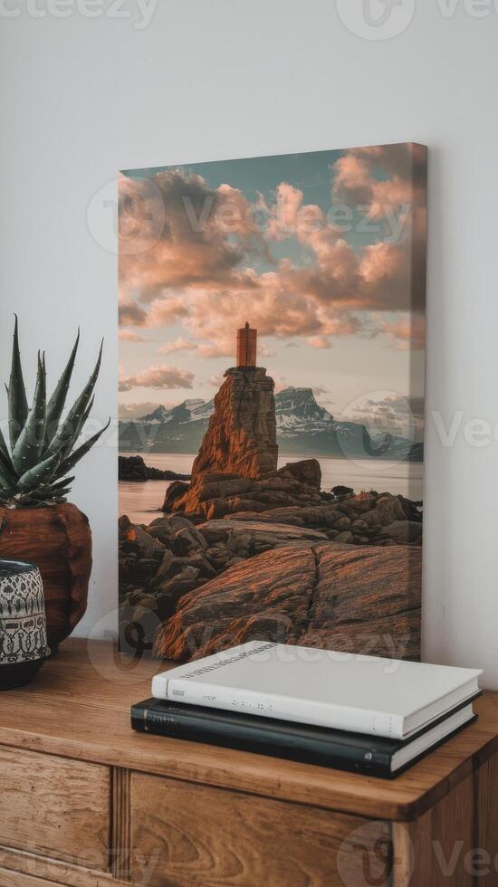 A lighthouse on a rocky outcrop in the sunset with clouds in the background photo