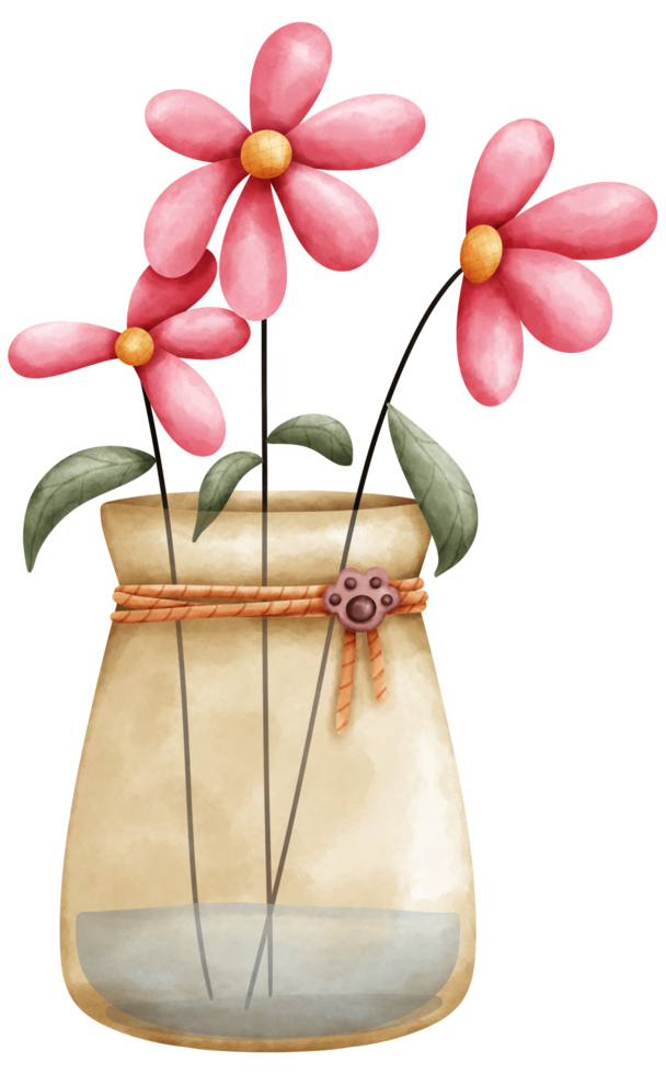 Isolated cute watercolor style a pink flowers vase wrapped with a robe and a cat paw symbol, transparent background png