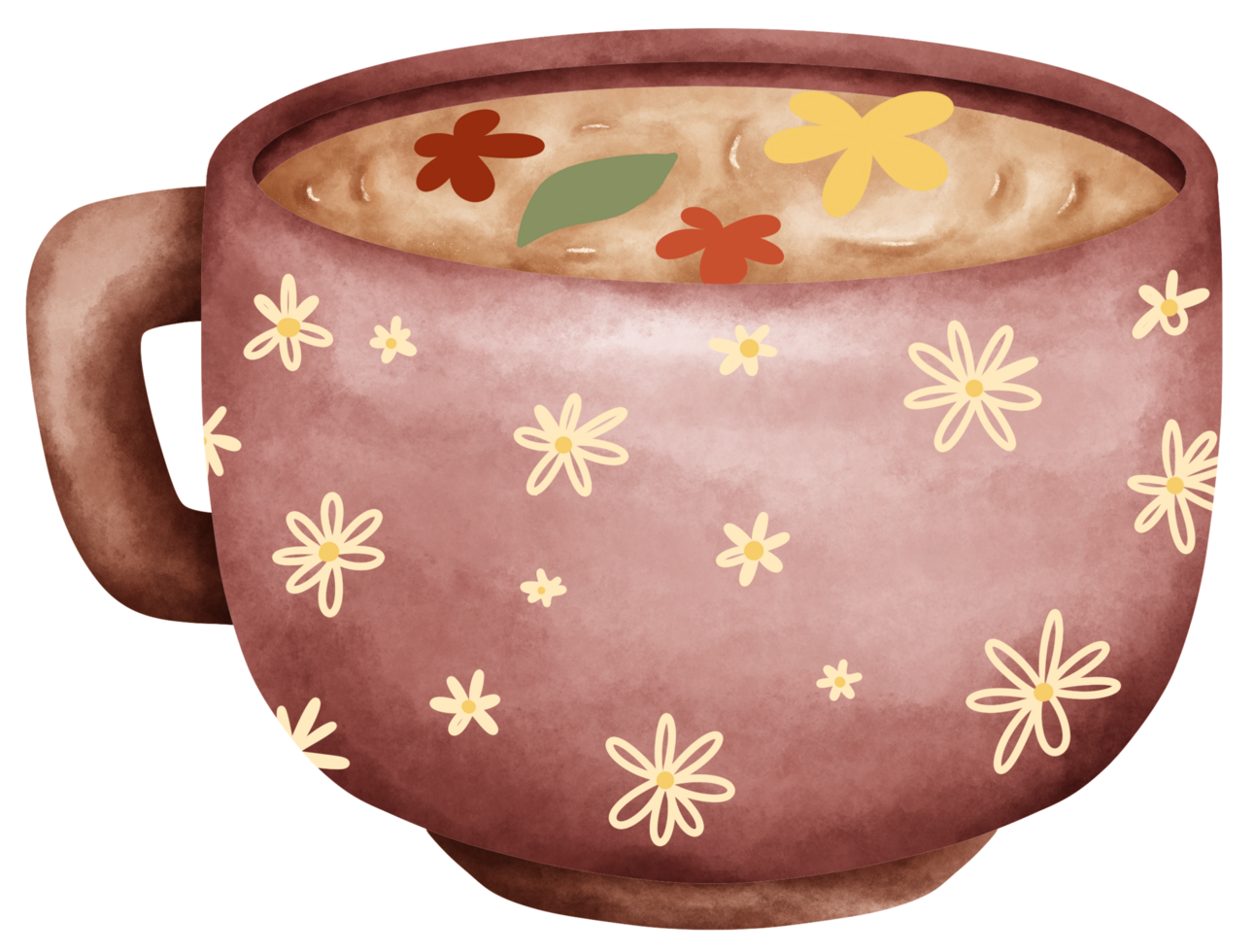 Isolated a cute cup of tea with a chamomile flower pattern and flower petal floating in watercolor style and transparent background png