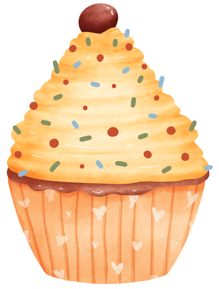 Isolated watercolor style a cute yellow cupcake with a cream and icing topping png