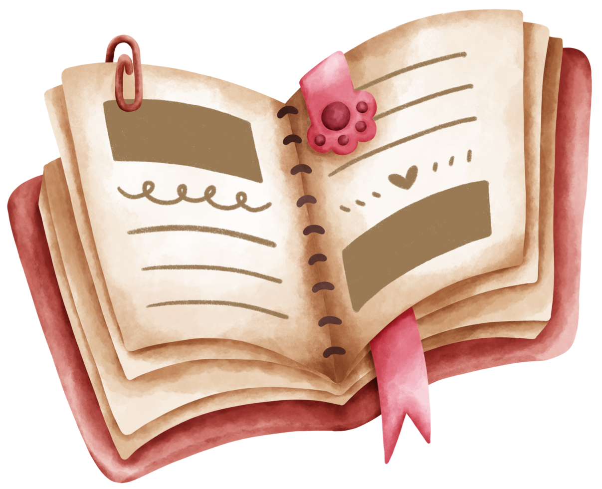 A isolated watercolor style diary bullet journal notebook with a paperclip and cat paw book mark in transparent background png