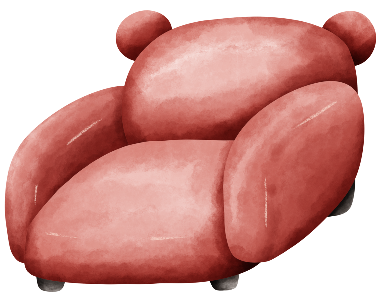 Isolated front view of cute fluffy red couch sofa armchair in watercolor style and transparent background png