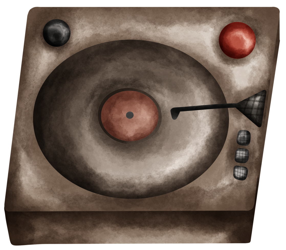 A Isolated watercolor style of old school turntable music record with vinyl in transparent background png
