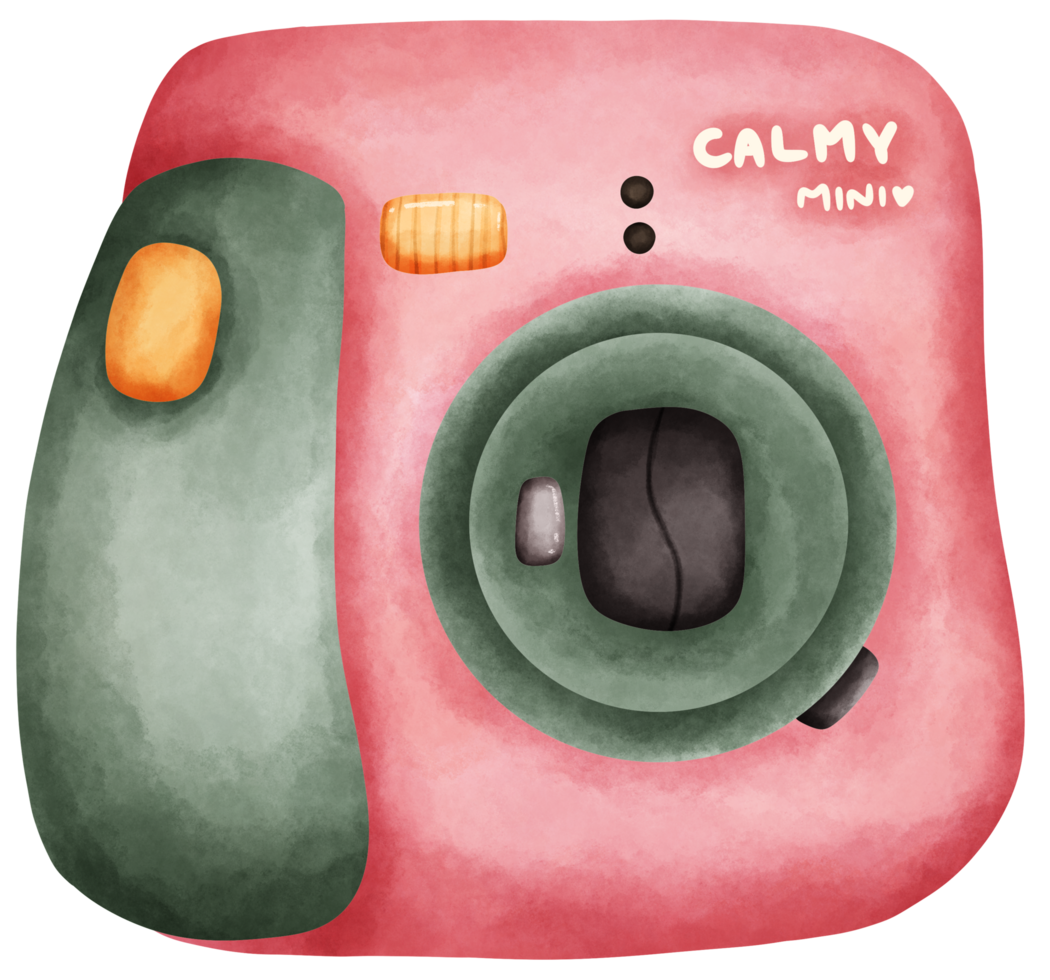 Isolated front view of cute pink instant compact camera in watercolor style and transparent background png