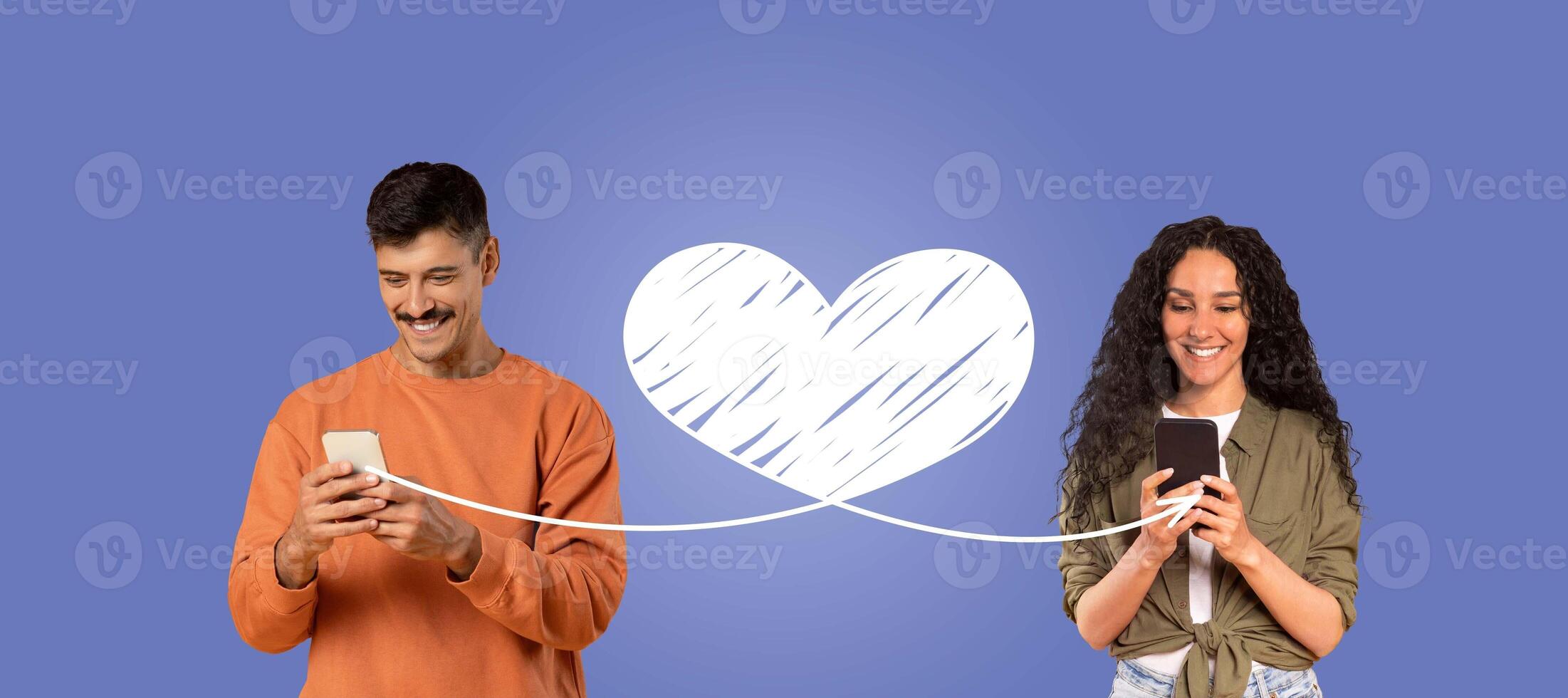A couple celebrates St. Valentines Day by connecting through their smartphones. They share affectionate messages, showcasing love and togetherness, even when apart. photo