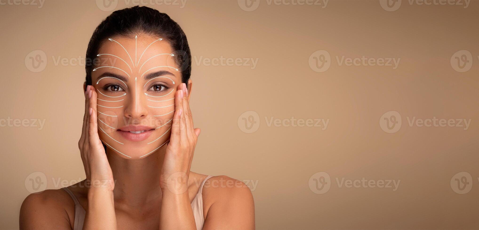 Middle Eastern woman is gently massaging her face, focusing on skincare and anti-aging techniques. The relaxed atmosphere highlights her commitment to self-care and beauty rituals, copy space photo