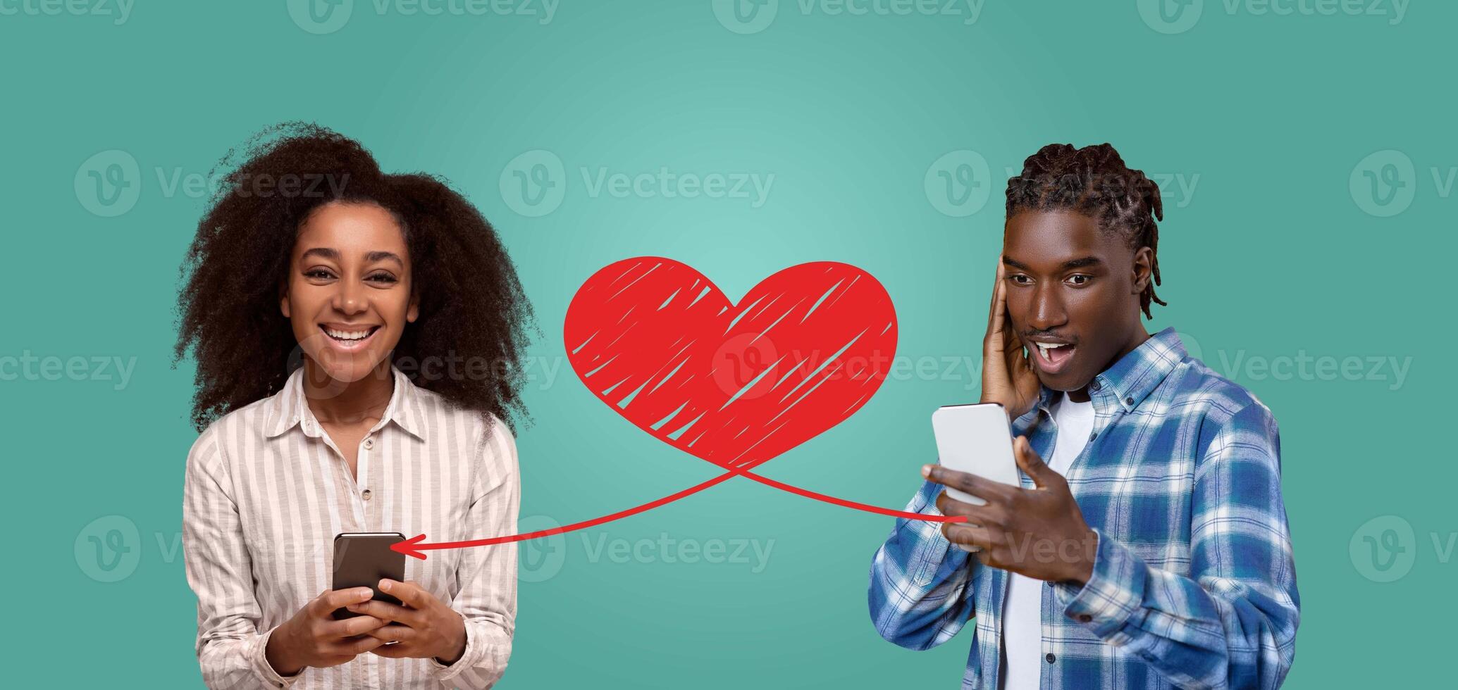 A couple shares affectionate moments on Valentine's Day, joyfully texting each other heartfelt messages through their smartphones while celebrating their love and connection. photo