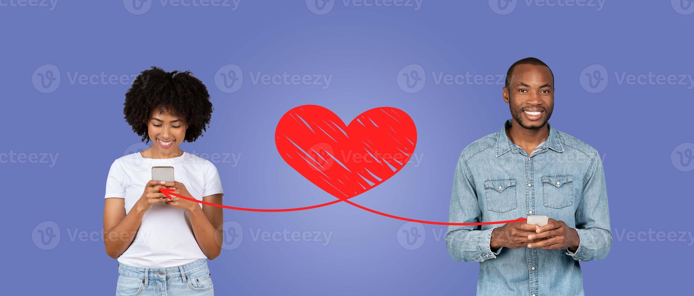 A couple connects joyfully through their smartphones, exchanging affectionate messages on St. Valentine's Day. They enjoy a heartfelt celebration together while isolated in a collage backdrop. photo