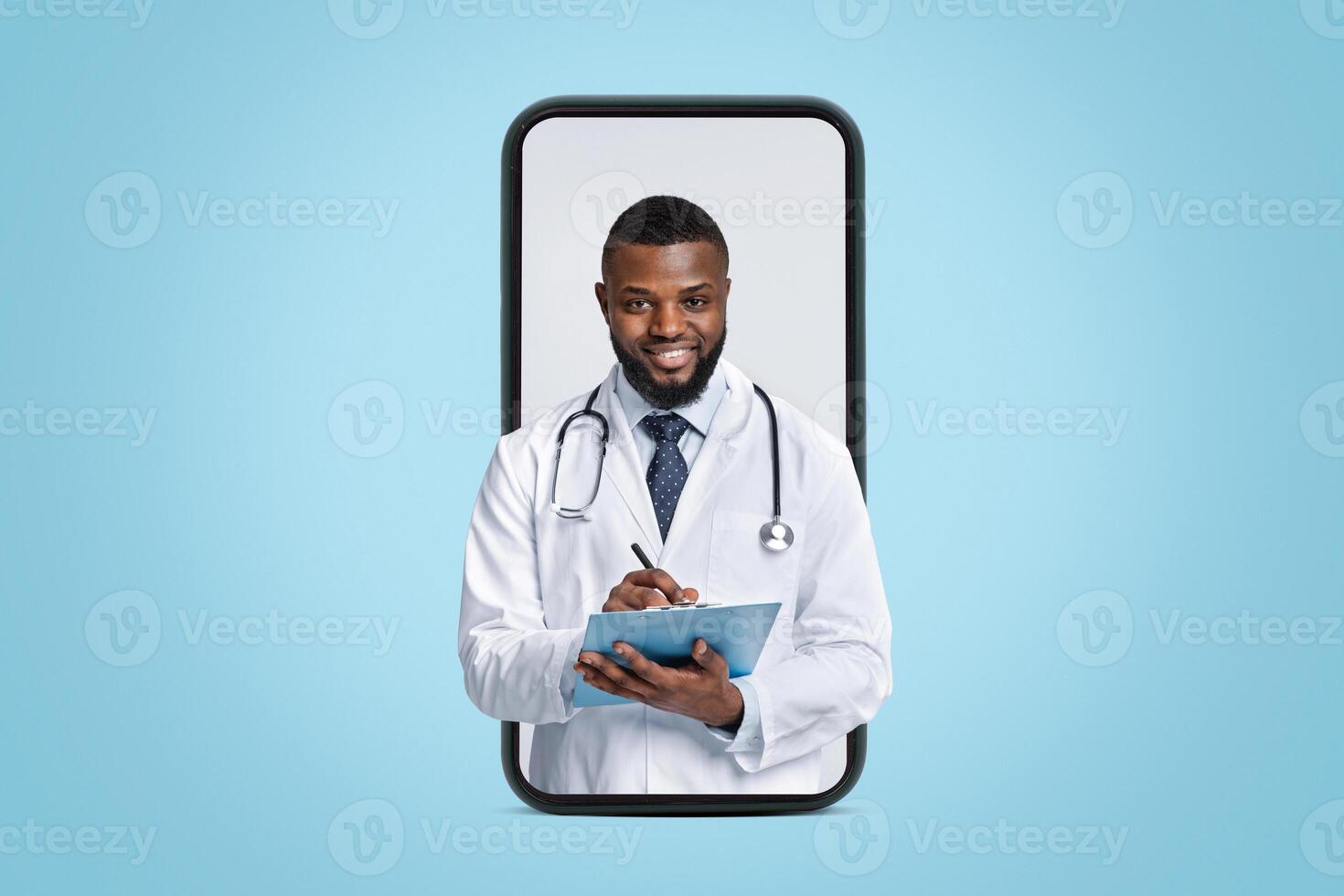Positive black doc in white robe with stethoscope collecting patient anamnesis over white photo