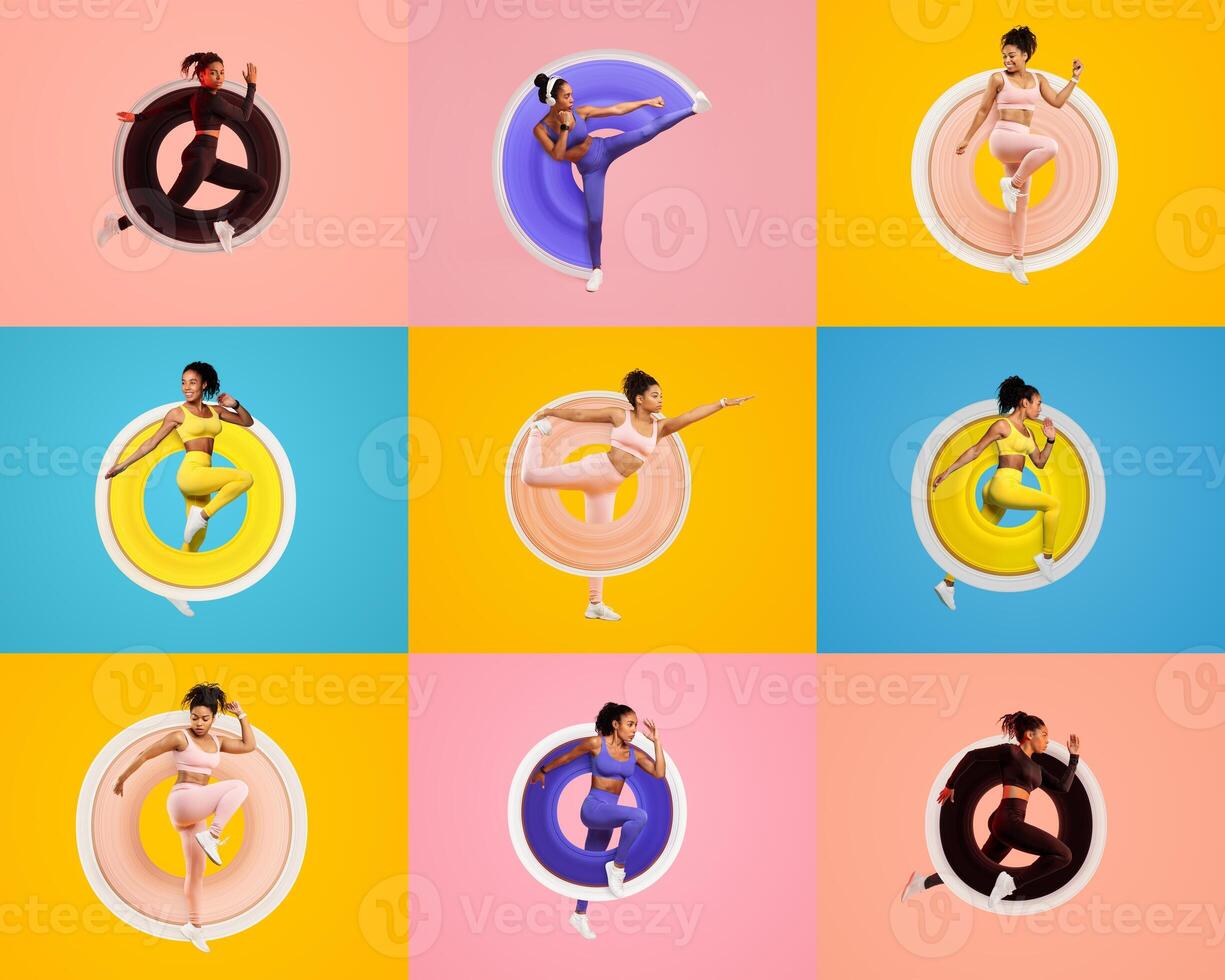 A vibrant collage displays millennials engaged in various fitness activities. Each figure embodies a unique exercise pose, set against colorful backgrounds, promoting a healthy lifestyle. photo