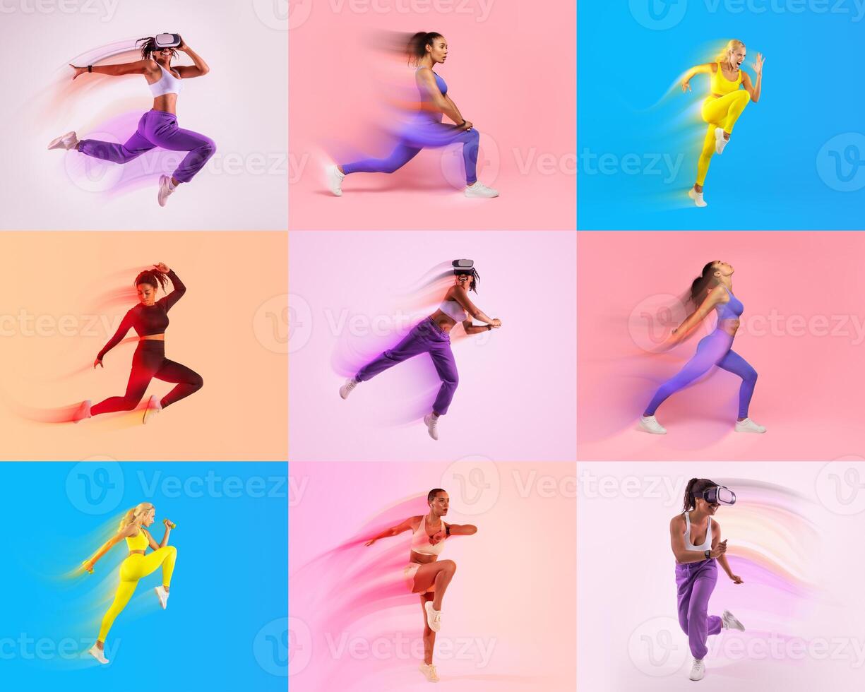 Athletic individuals are captured in motion, each immersed in different workout activities. Vibrant background colors enhance their dedication to a healthy lifestyle and fitness pursuits. photo
