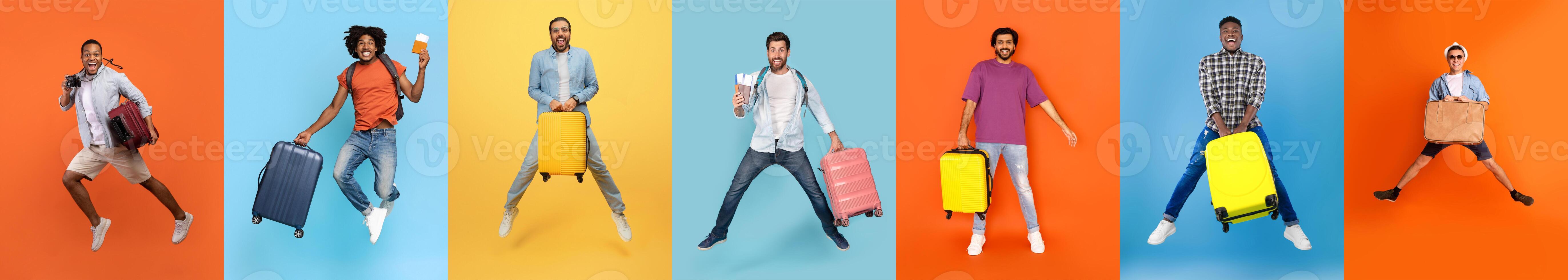 A group of diverse men joyfully jumping with their suitcases in vibrant, colorful backgrounds. They express excitement for their upcoming travels and adventures. photo