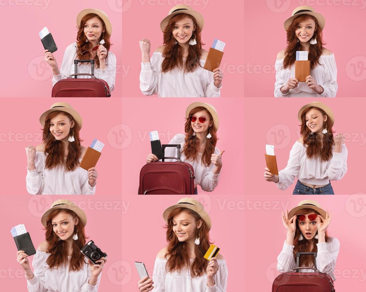 Young woman expressing joy and excitement for her upcoming trip. She holds travel documents and poses with a suitcase, capturing the spirit of adventure and holidays. photo