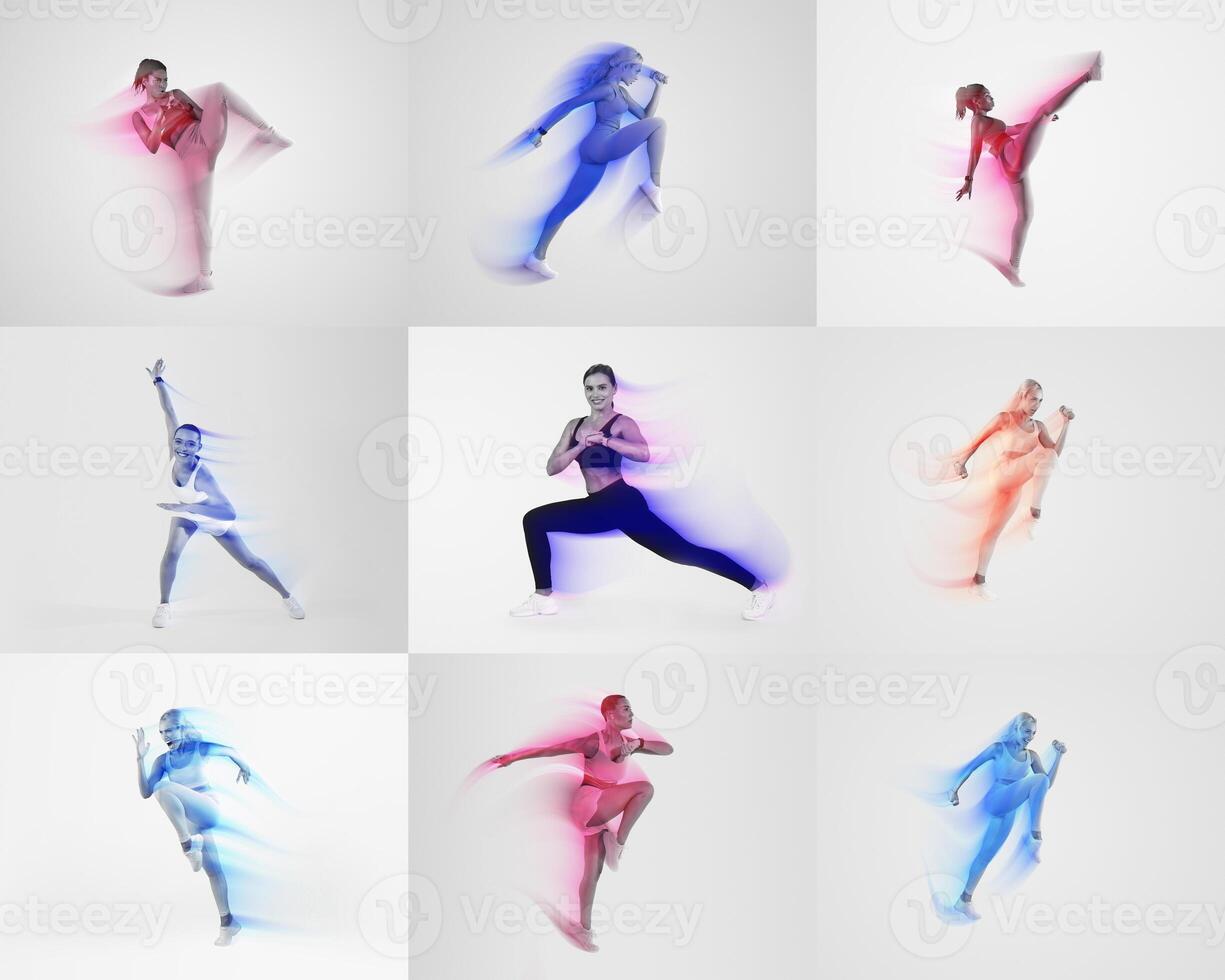 This collage features various individuals engaged in athletic activities, showcasing dynamic movements and fitness poses. Each person represents a healthy lifestyle in a colorful and energetic way. photo