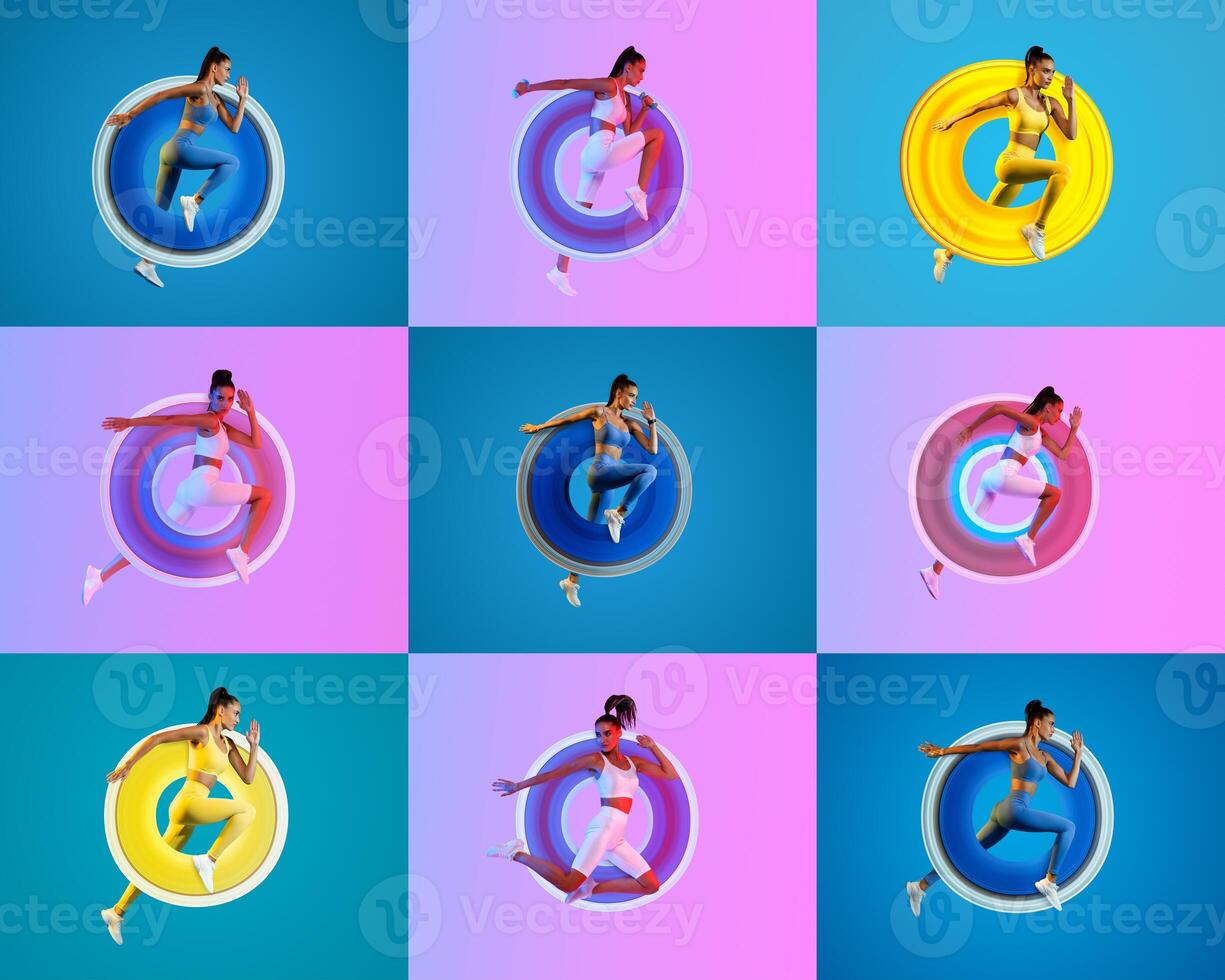 A vibrant collage showcases diverse individuals in various athletic poses, celebrating fitness and healthy lifestyle choices. Each athlete expresses their unique style against colorful backgrounds. photo