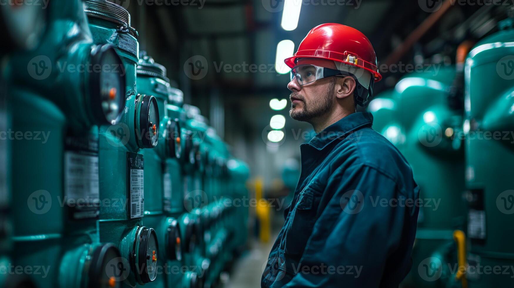 A technician examines advanced automated equipment within a busy petrochemical processing facility in the evening. Safety protocols are prioritized. photo