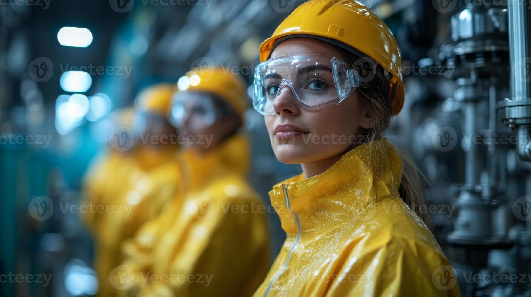 A group of women in yellow protective suits and helmets are focused on operations within a petrochemical refinery. They observe advanced automation and engineering practices, ensuring safety. photo