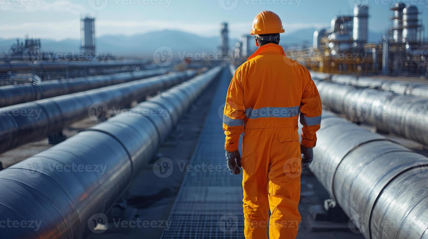 A worker dressed in an orange jumpsuit and helmet walks along a pipeline in a petrochemical refinery. photo