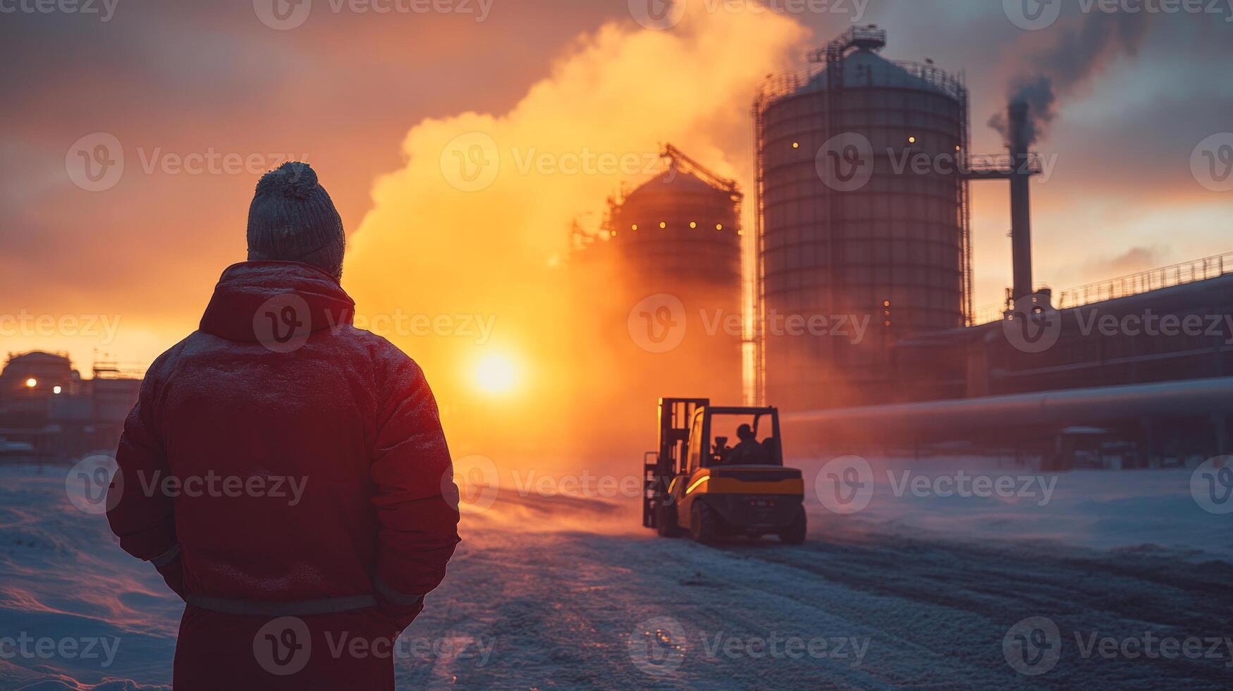 A worker stands in the foreground of a refinery, watching as a forklift transports materials. The sunset casts a warm glow over the industrial landscape, highlighting the facility and smoke. photo