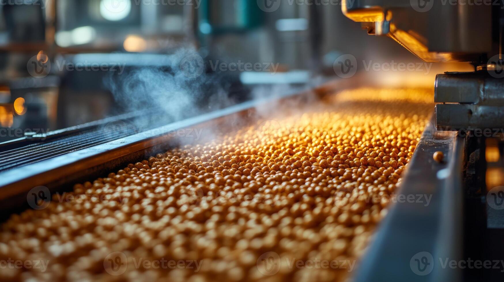 Automated equipment processes small spherical products on a conveyor belt in a manufacturing facility. Steam rises as the items move through stages of production, emphasizing efficiency. photo