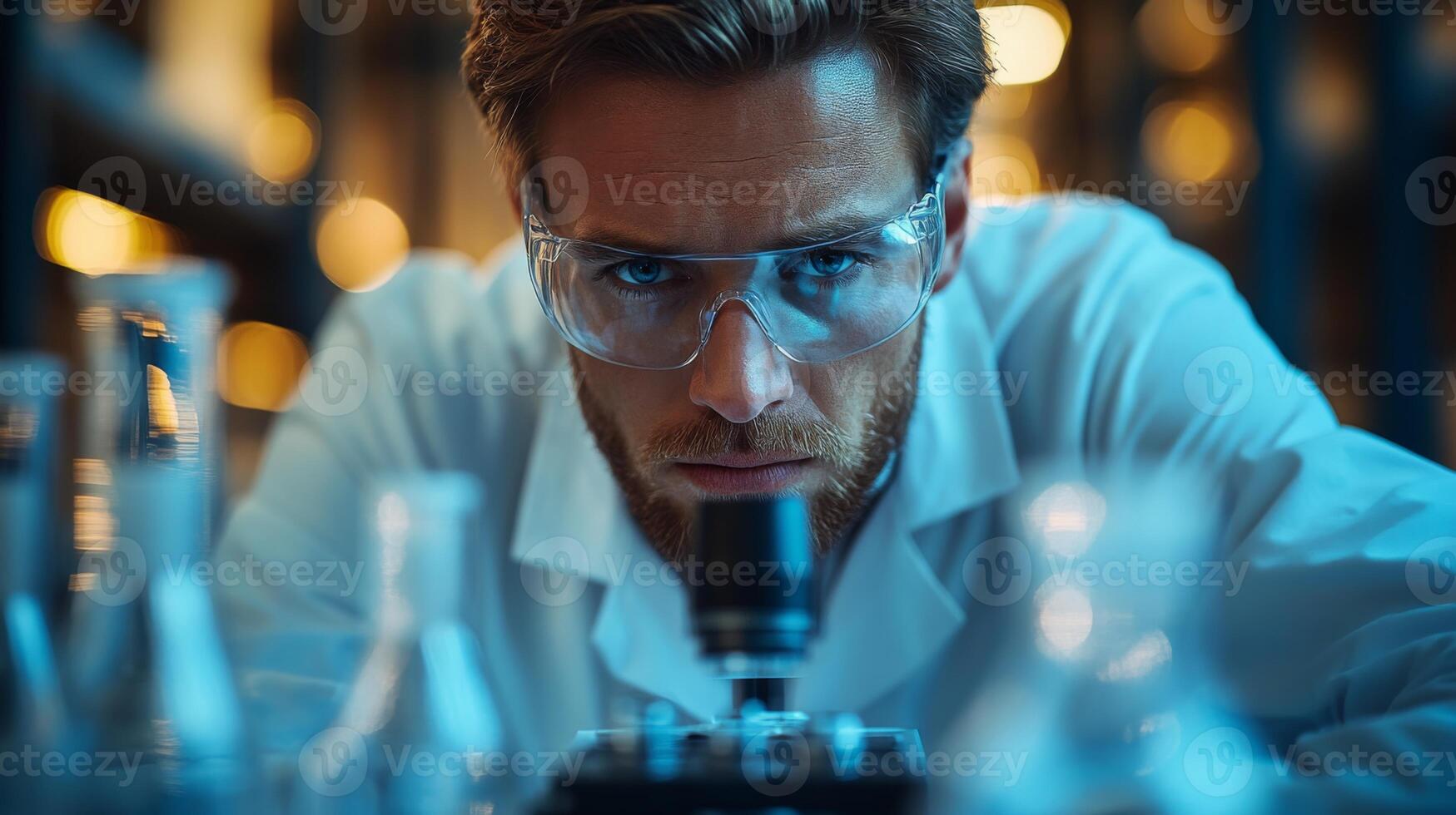 Scientist examines samples using a microscope in a modern laboratory dedicated to chemical synthesis and engineering for petrochemical processing. photo