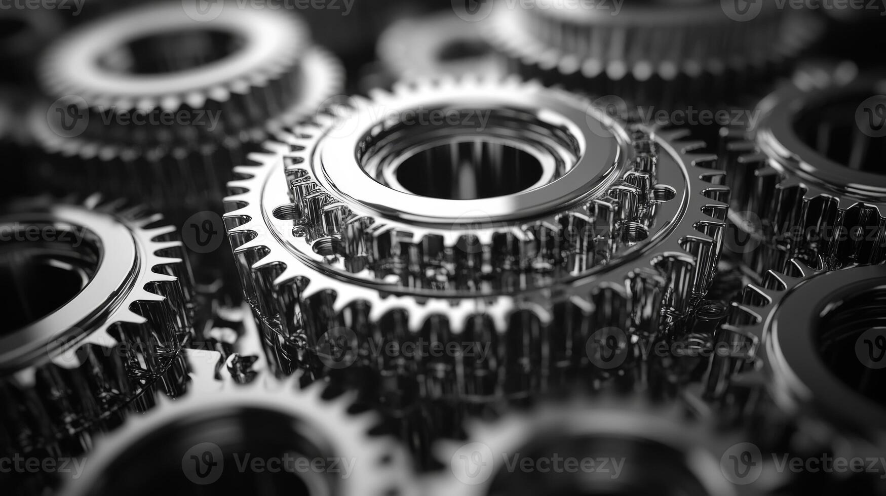 Metal gears are arranged closely together, emphasizing the intricate design and engineering involved in modern manufacturing. The focus is on automation and precision. photo