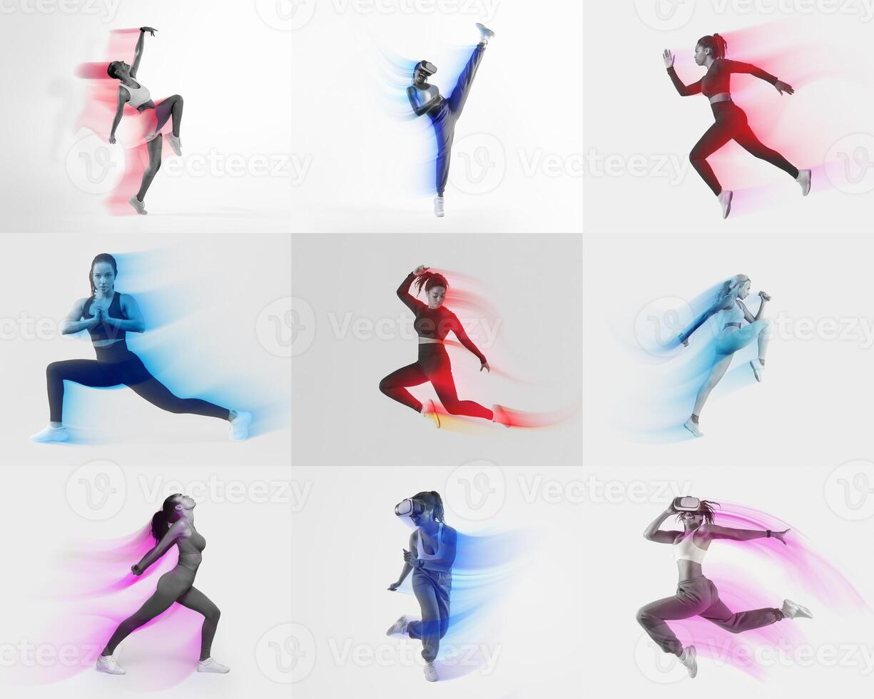 This vibrant collage features multiple individuals engaged in various athletic activities, showcasing their fitness routines with energy and movement against an isolated background. photo