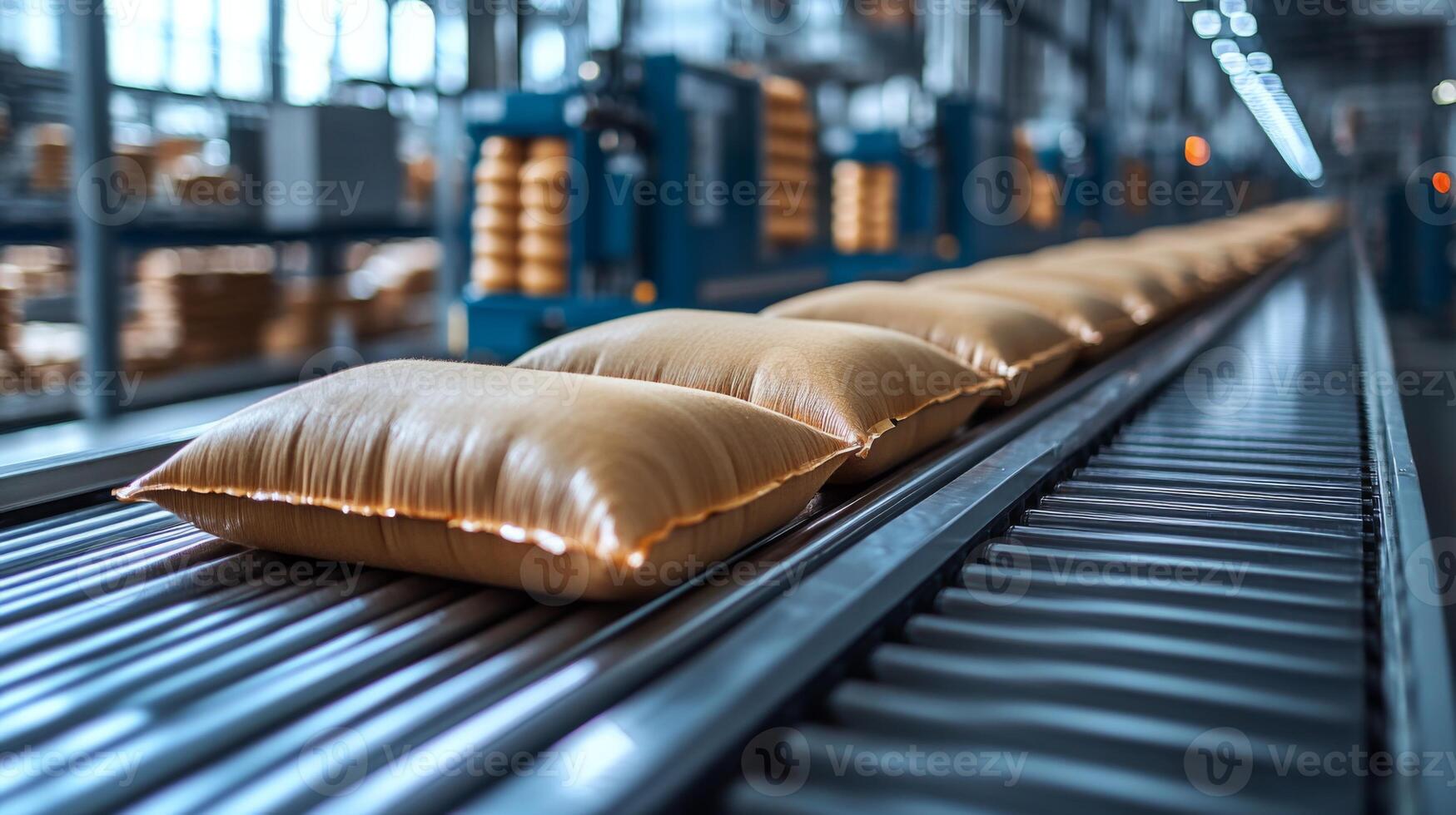 Bags of materials move along a conveyor belt in a manufacturing facility, showcasing automation and engineering processes in action during production hours. photo