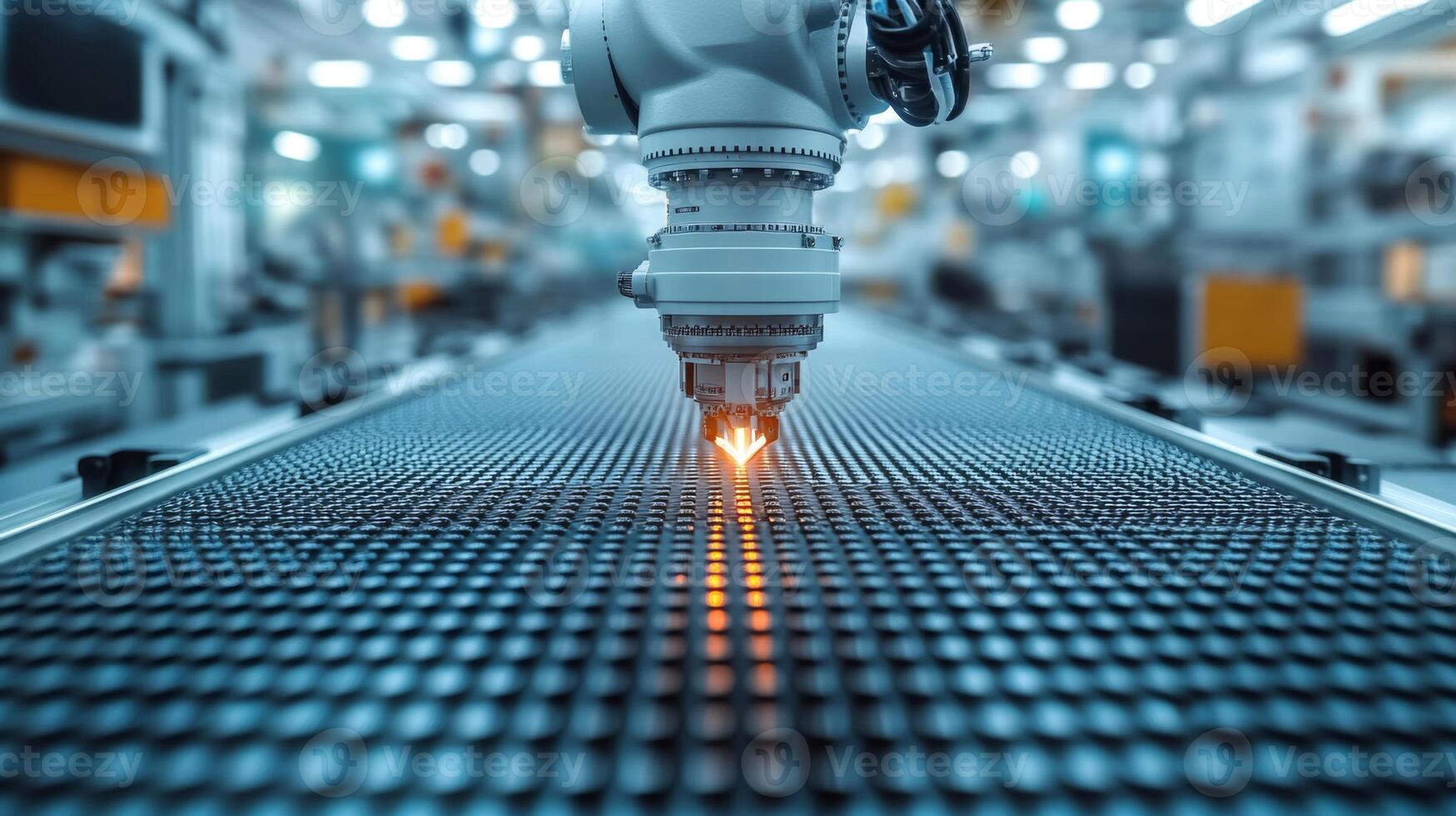 A robotic arm uses a precision laser to cut materials on a conveyor belt in a modern manufacturing facility focused on automation and engineering. photo