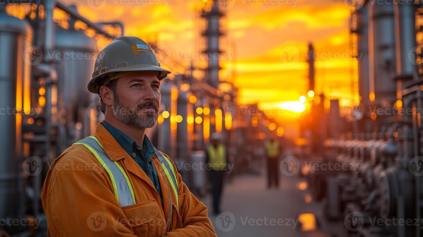 A professional in protective gear oversees refinery operations at sunset, highlighting the automation and engineering of the petrochemical sector in an orange glow. photo