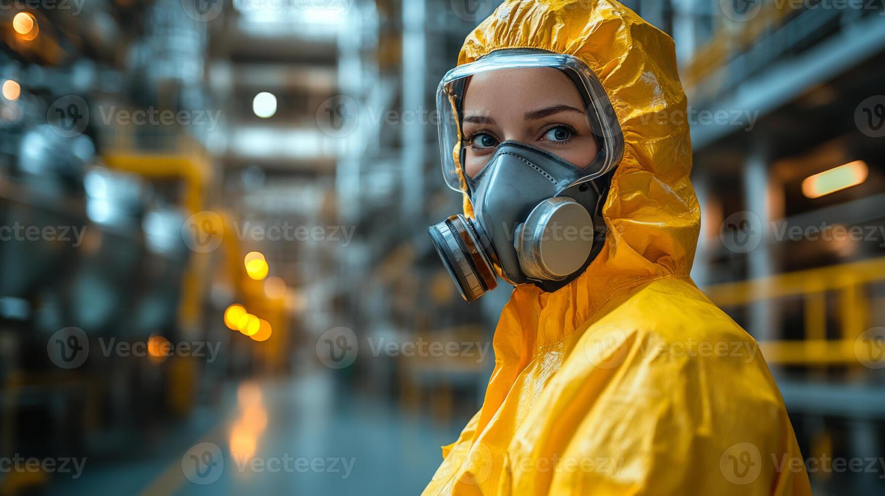 Inside a manufacturing facility, a worker dressed in bright yellow protective gear and a respirator stands attentively. photo