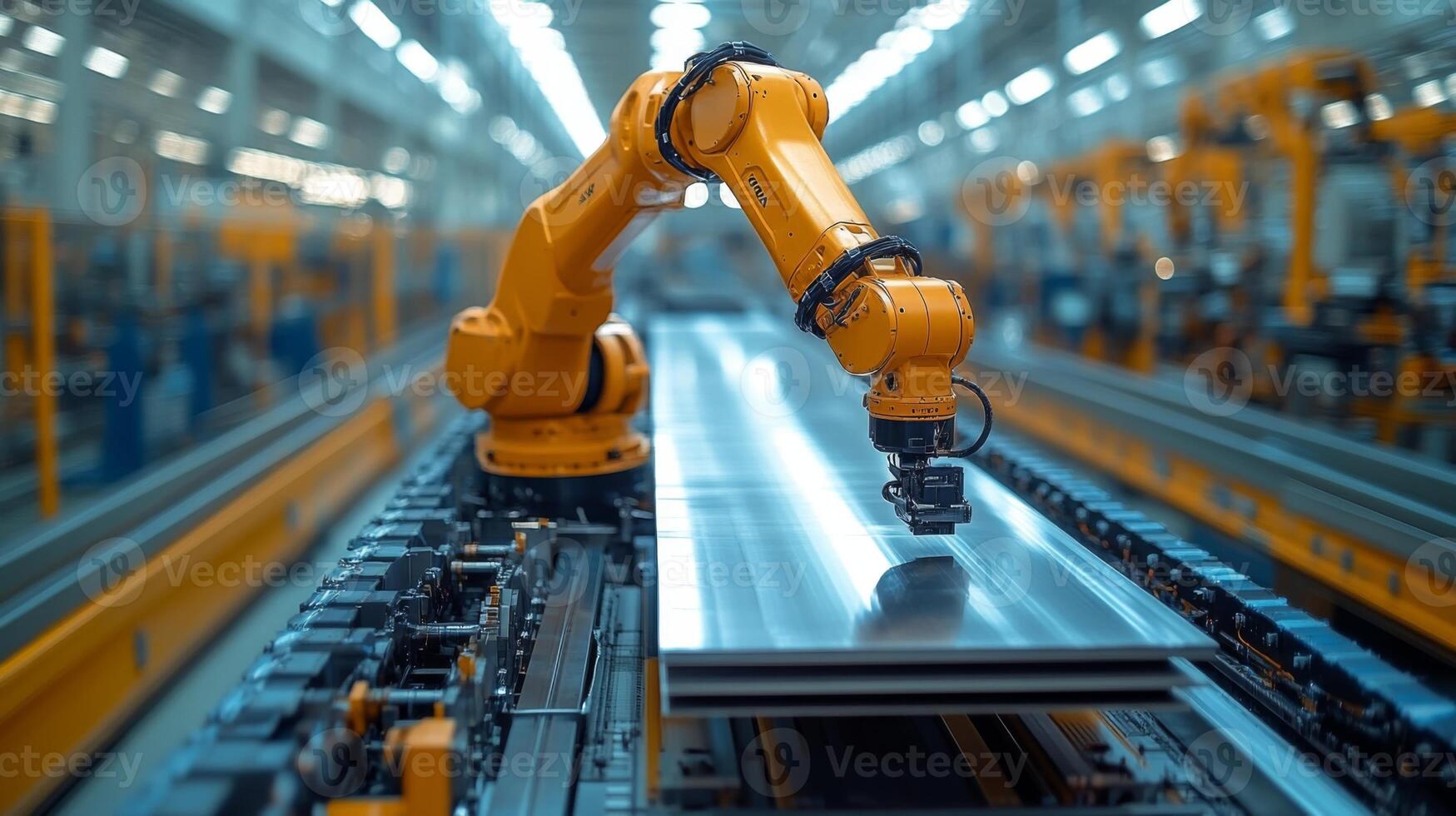 A robotic arm is actively engaged in welding operations on large steel sheets in a high-tech manufacturing plant. The environment is characterized by automation and industrial efficiency. photo