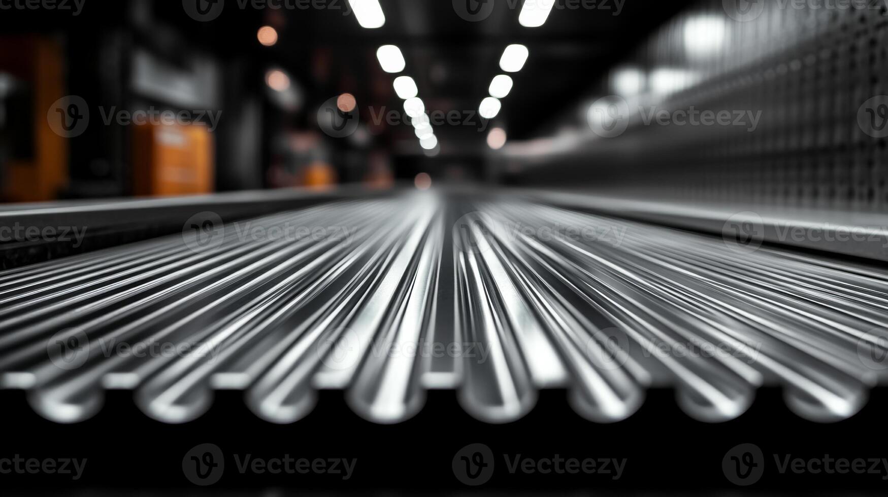 Close-up view of steel rods on a production line in a modern manufacturing facility. The facility is equipped with advanced automation and engineering technology. photo