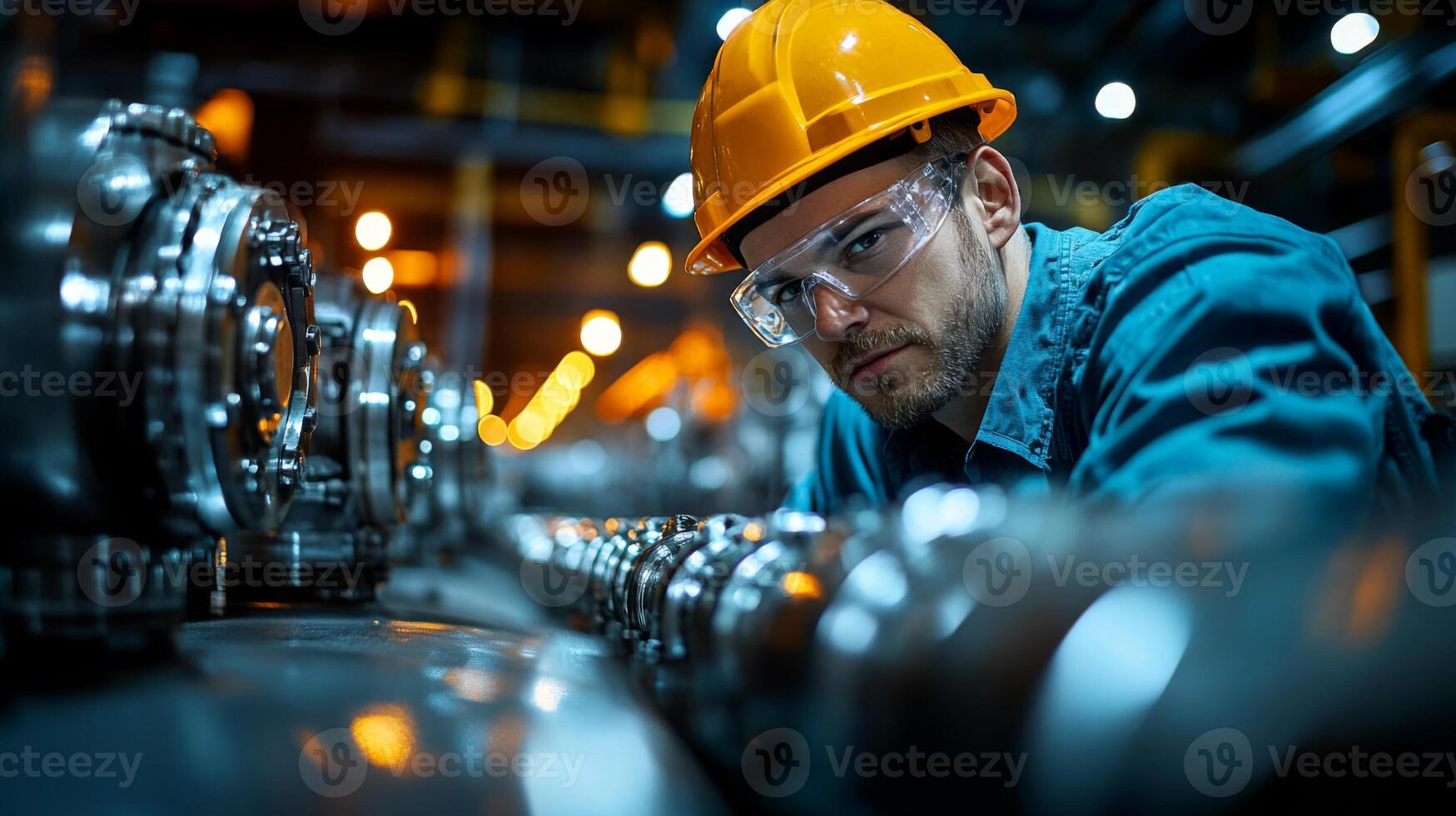 A worker in safety gear examines high-tech machinery in a petrochemical refinery. The facility features advanced automation systems used for chemical processing and synthesis. photo