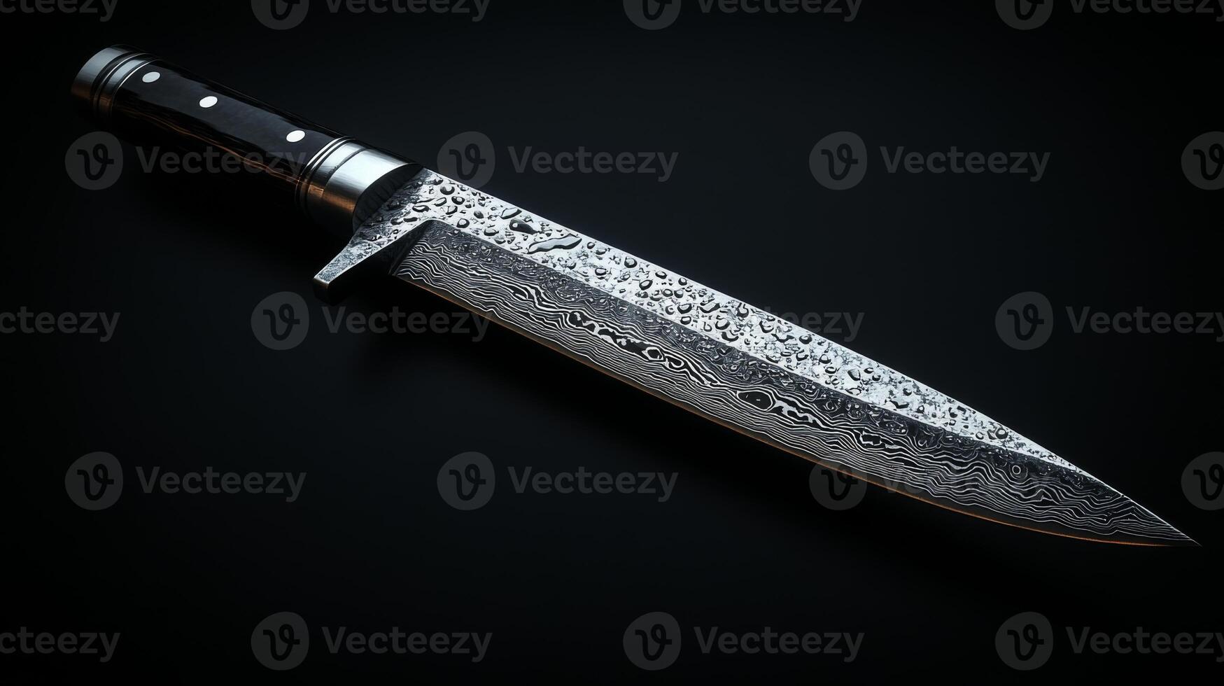 This knife exhibits exquisite damascus steel with unique patterns. The craftsmanship is evident in the sharp blade and solid handle, highlighting skills in metallurgy and design. photo