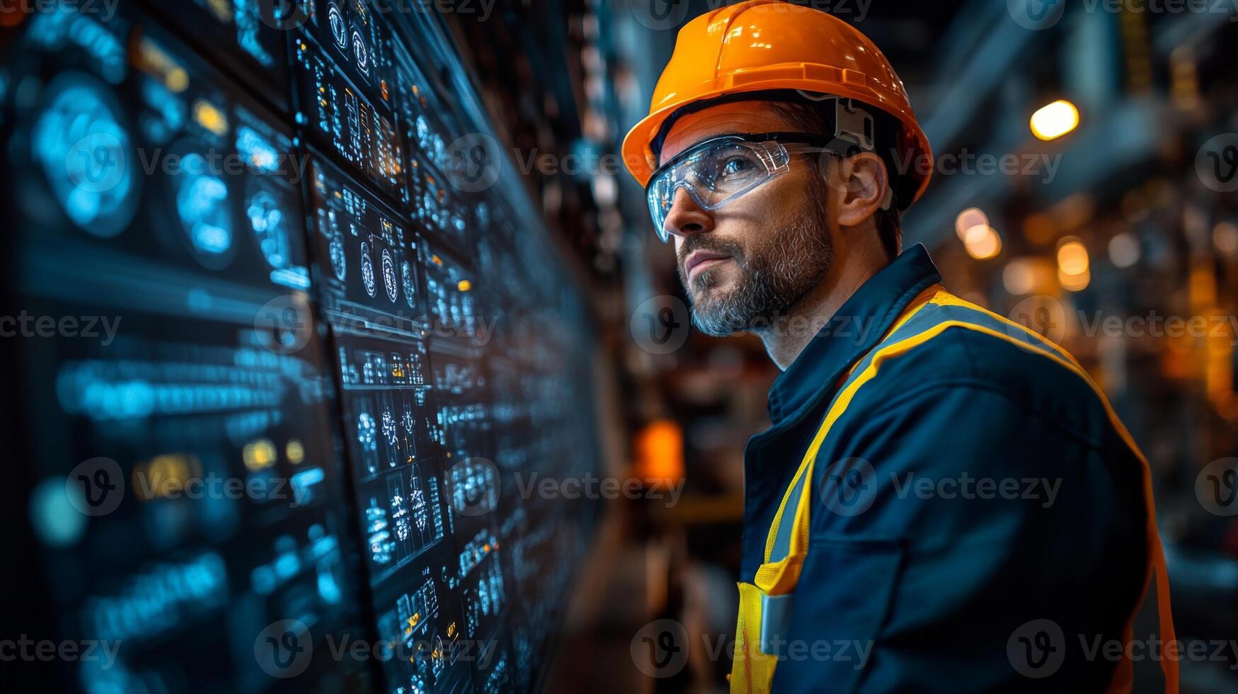 A worker in a hard hat and safety glasses interacts with advanced control panels in a manufacturing plant. The environment features automated machinery and displays showing real-time data. photo
