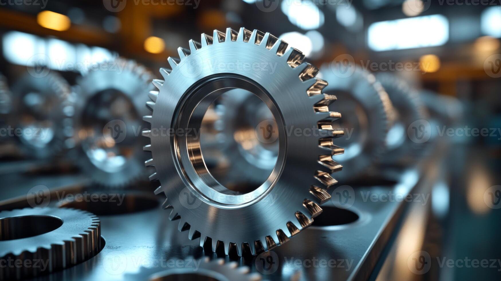 Steel gears are prominently displayed in a manufacturing facility, highlighting the advanced automation processes involved in production and quality control. photo