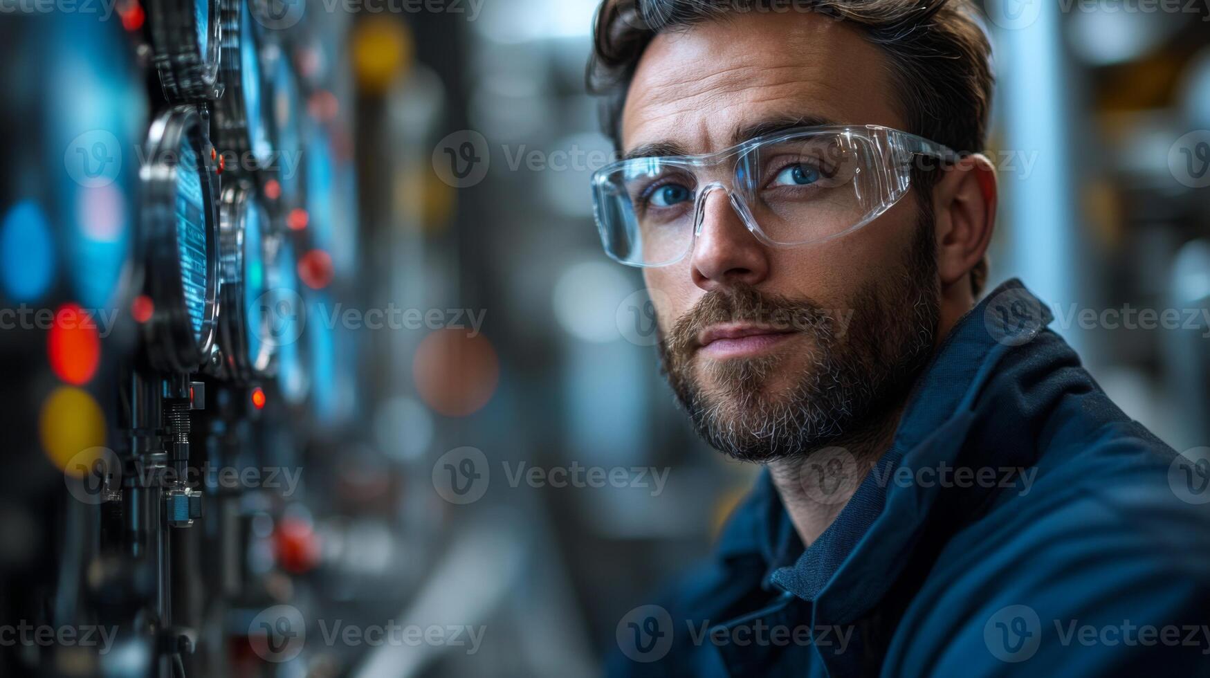 Technician oversees sophisticated automation equipment in a petrochemical refinery, ensuring smooth operations and safety protocols during synthesis and processing activities. photo