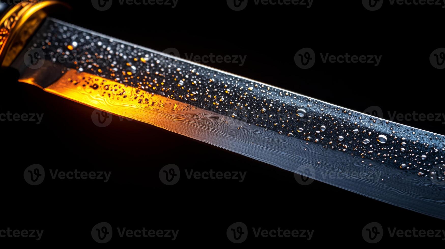 A close-up of a finely crafted metallic blade glistening with water droplets, illuminated by warm light, highlighting the detailed surface and craftsmanship. photo