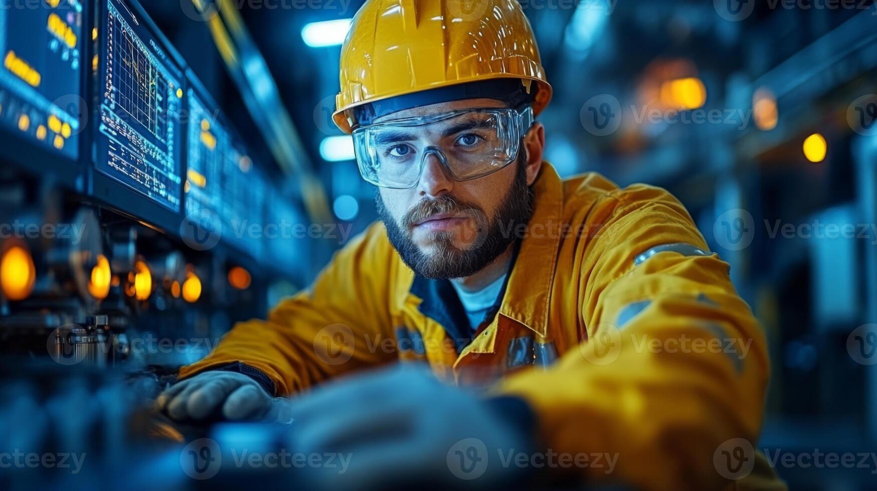 A skilled engineer monitors complex machinery in a high-tech manufacturing facility dedicated to petrochemical processing. The atmosphere is illuminated by glowing screens and machinery. photo