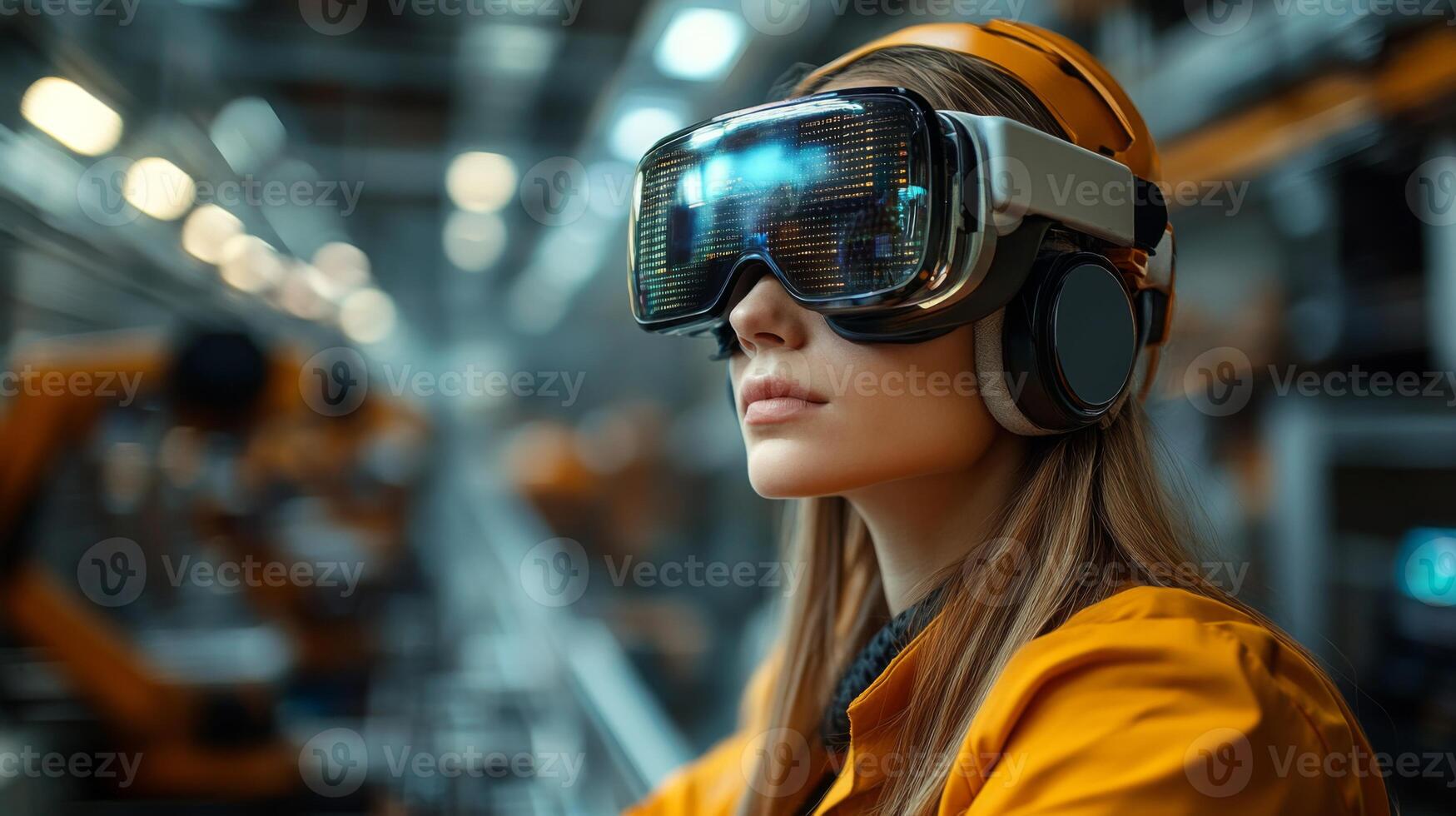In a contemporary factory, a female engineer utilizes virtual reality technology to engage in an automated production training session. She is equipped with VR goggles and headphones. photo