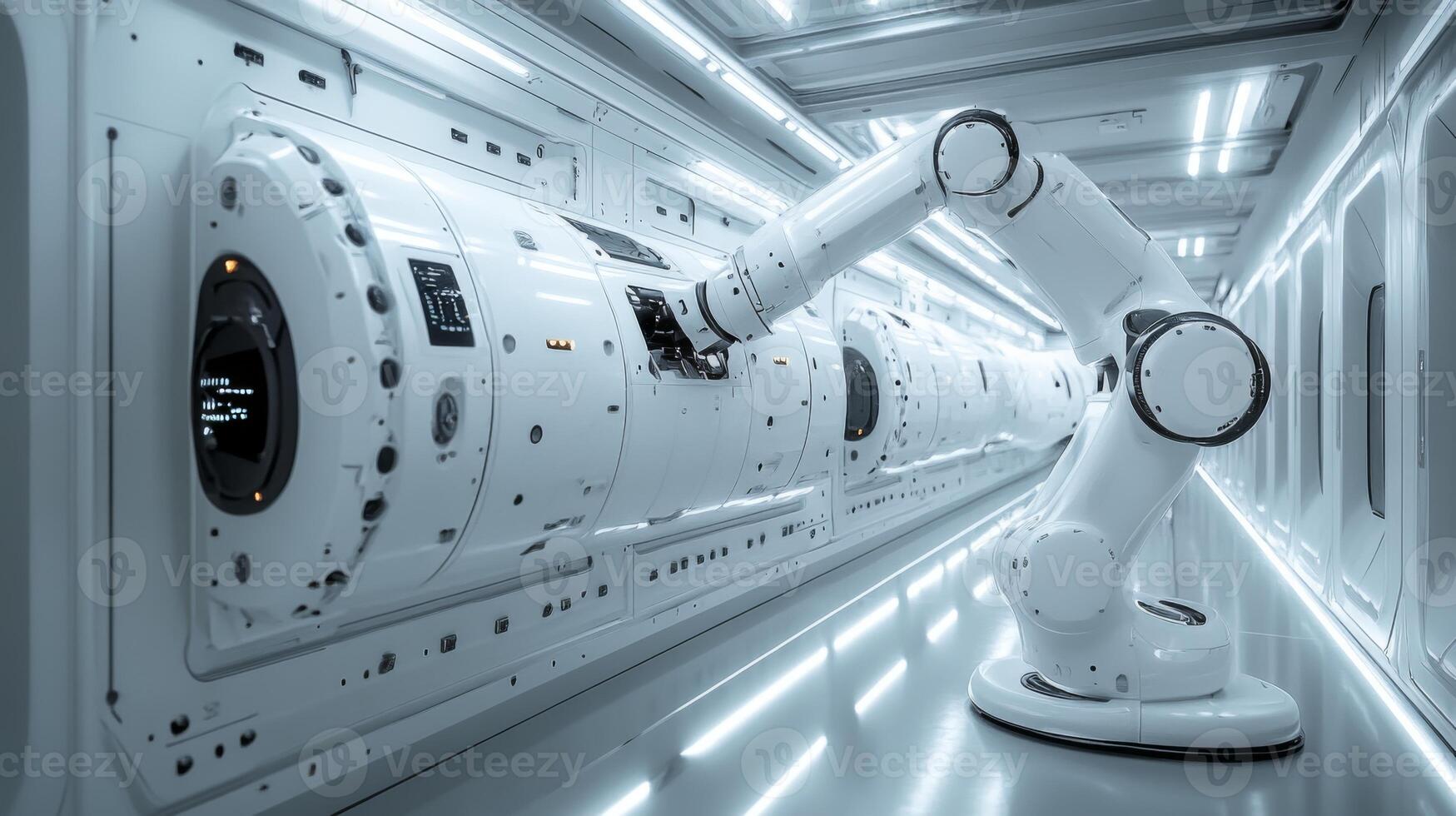 A sophisticated robotic arm operates in a high-tech manufacturing facility, engaged in the automated assembly of steel and aluminum parts. The environment is sleek and futuristic. photo