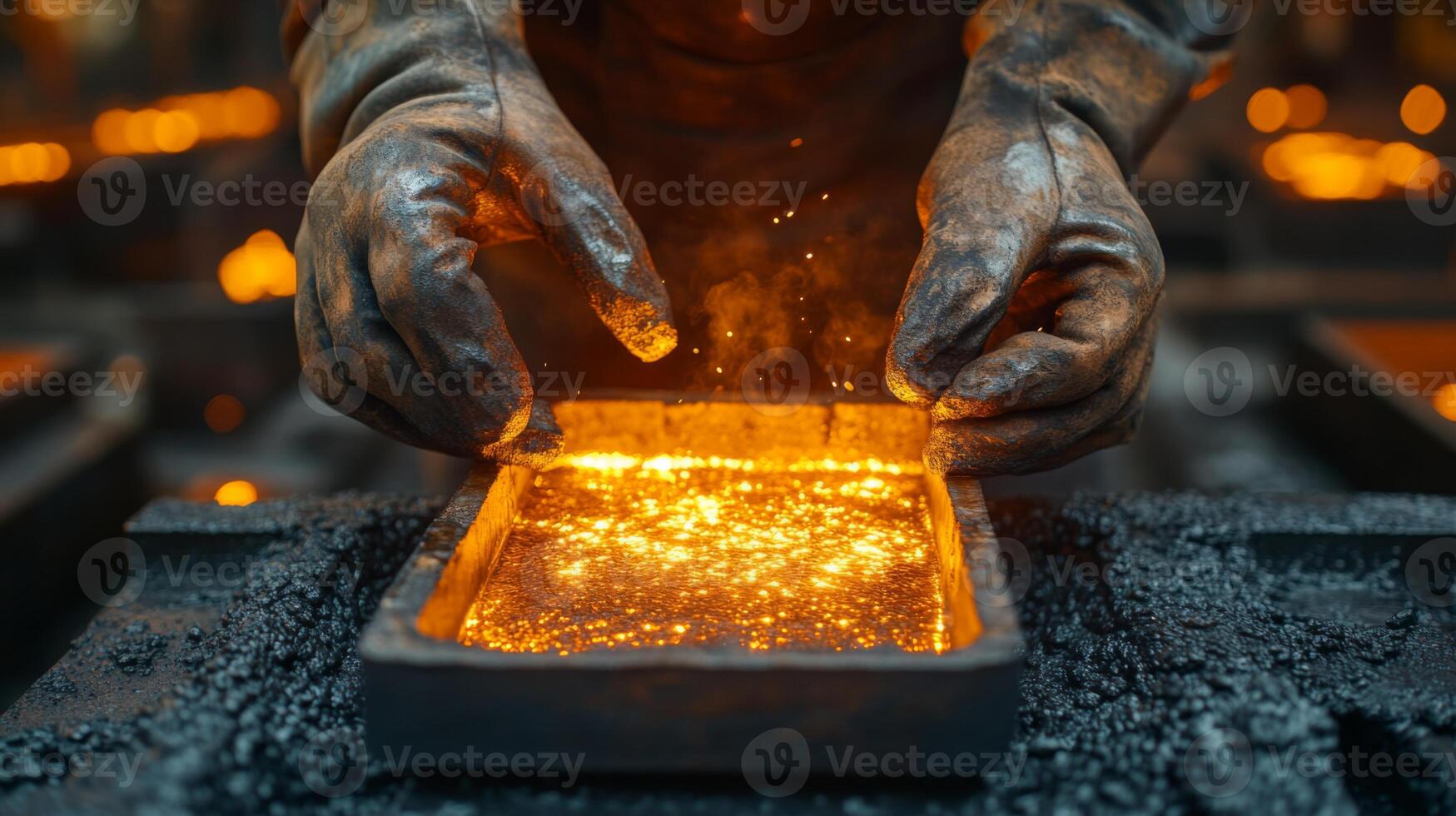 A skilled worker carefully pours molten metal into a casting mold in a modern foundry. Sparks and glowing metal illuminate the workspace, showcasing the craftsmanship involved. photo