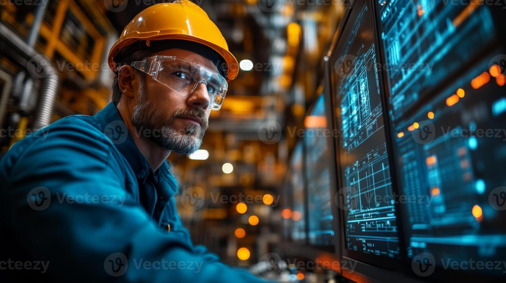 A professional engineer focuses intently on multiple screens in a modern petrochemical facility, overseeing automation and data management processes critical for production and efficiency. photo